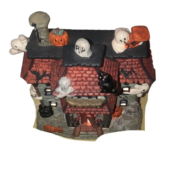 HAUNTED HOUSE Porcelain Illuminated Halloween Spooky Ghosts Pumpkins Black Cats - Picture 5 of 7